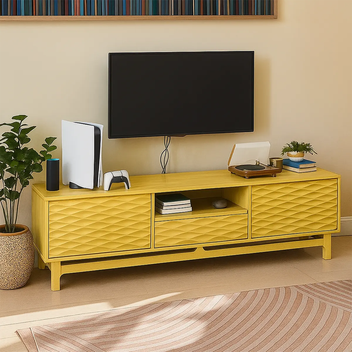 Modern wooden TV shelf – Delicate wave design, with drawers and storage shelves