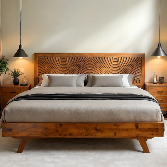 Carved Wooden Bed with Round Pattern – Luxurious & Bold Design
