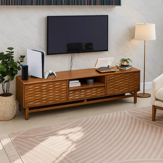 Modern wooden TV shelf – Delicate wave design, with drawers and storage shelves